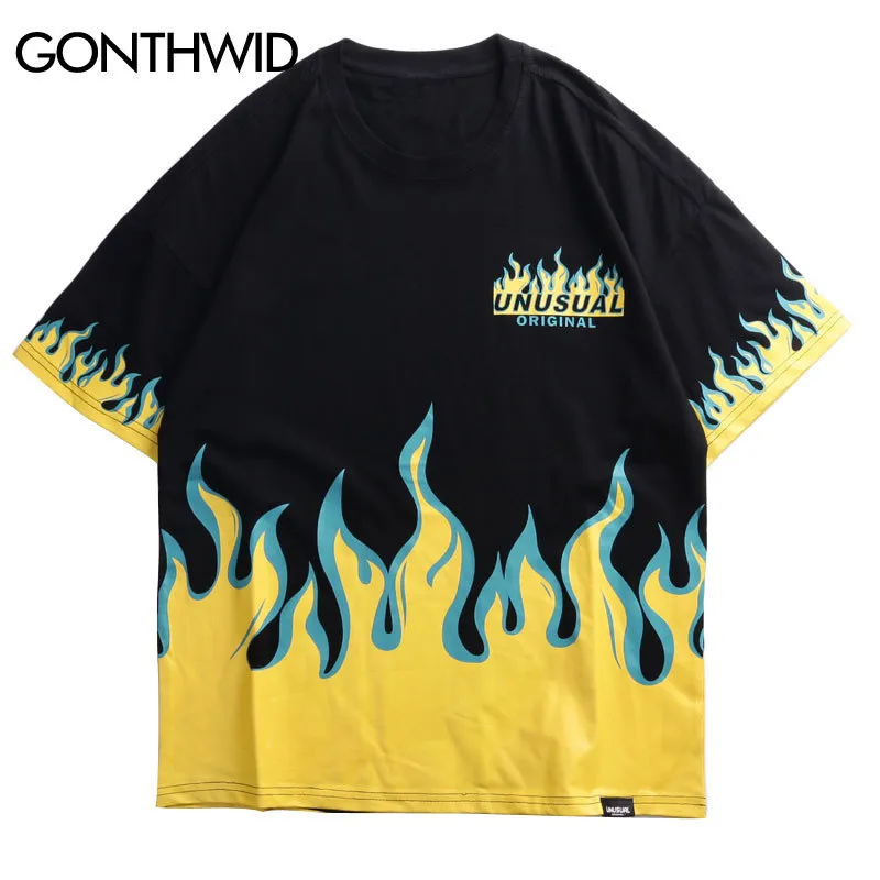 Gonthwid 힙합 화재 불꽃 인쇄 T 셔츠 Streetwear 2019 여름 남성 캐주얼 짧은 소매 Tshirts 남성 패션 코튼 상단 티셔츠 Y19072201