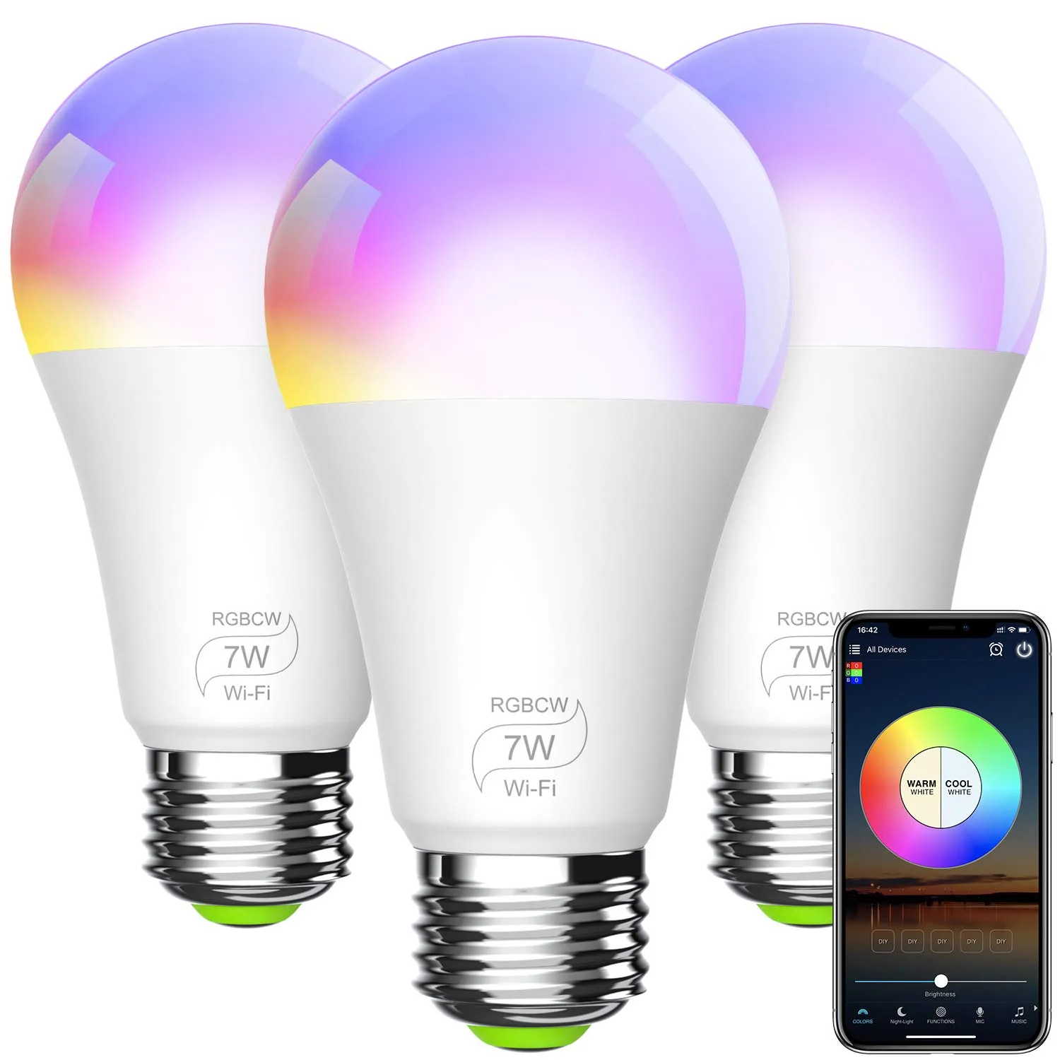 Smart Glühbirne, A19 E26 7W RGBCW WiFi Dimmbare Multicolor-LED-Leuchten, kompatibel mit Alexa, Google Home AC85-265V