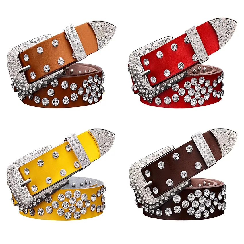 Mode Rhinestone Äkta läderbälten för kvinnor Unisex Waist Belt Kvalitet Andra lager Ko Hudband Bredd 3,3 cm