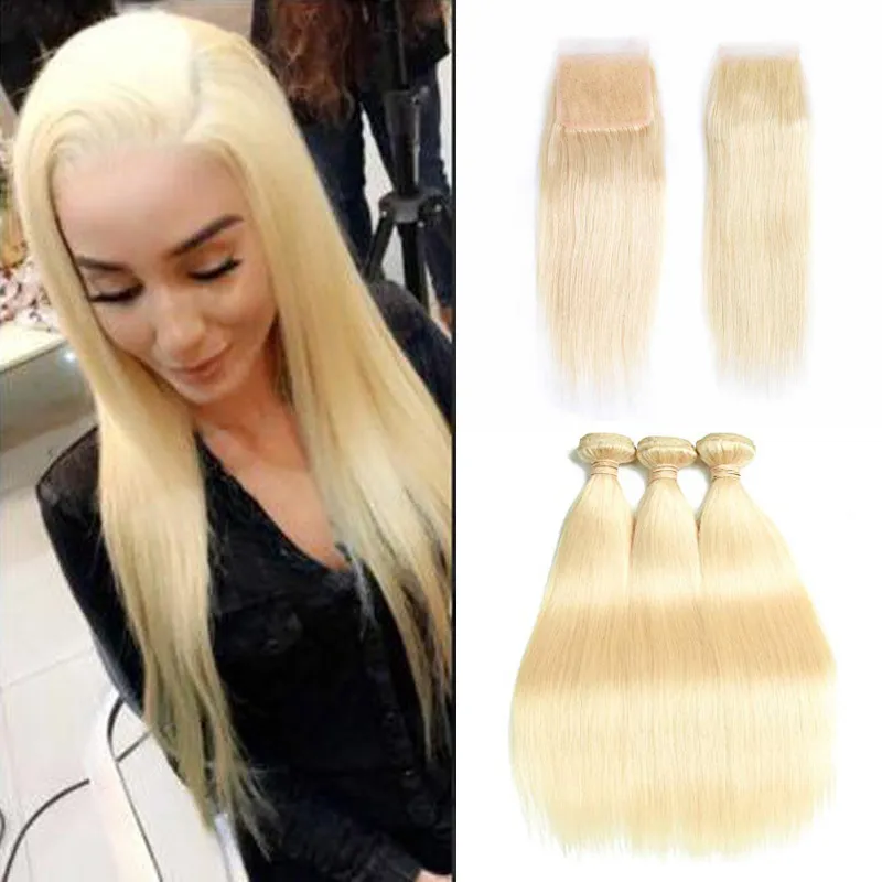 Brasilianska silke rakt mänskligt hår vävbuntar med stängning 613 blonde jungfruliga hår 3 buntar med spetsar stängning remy hår grossist
