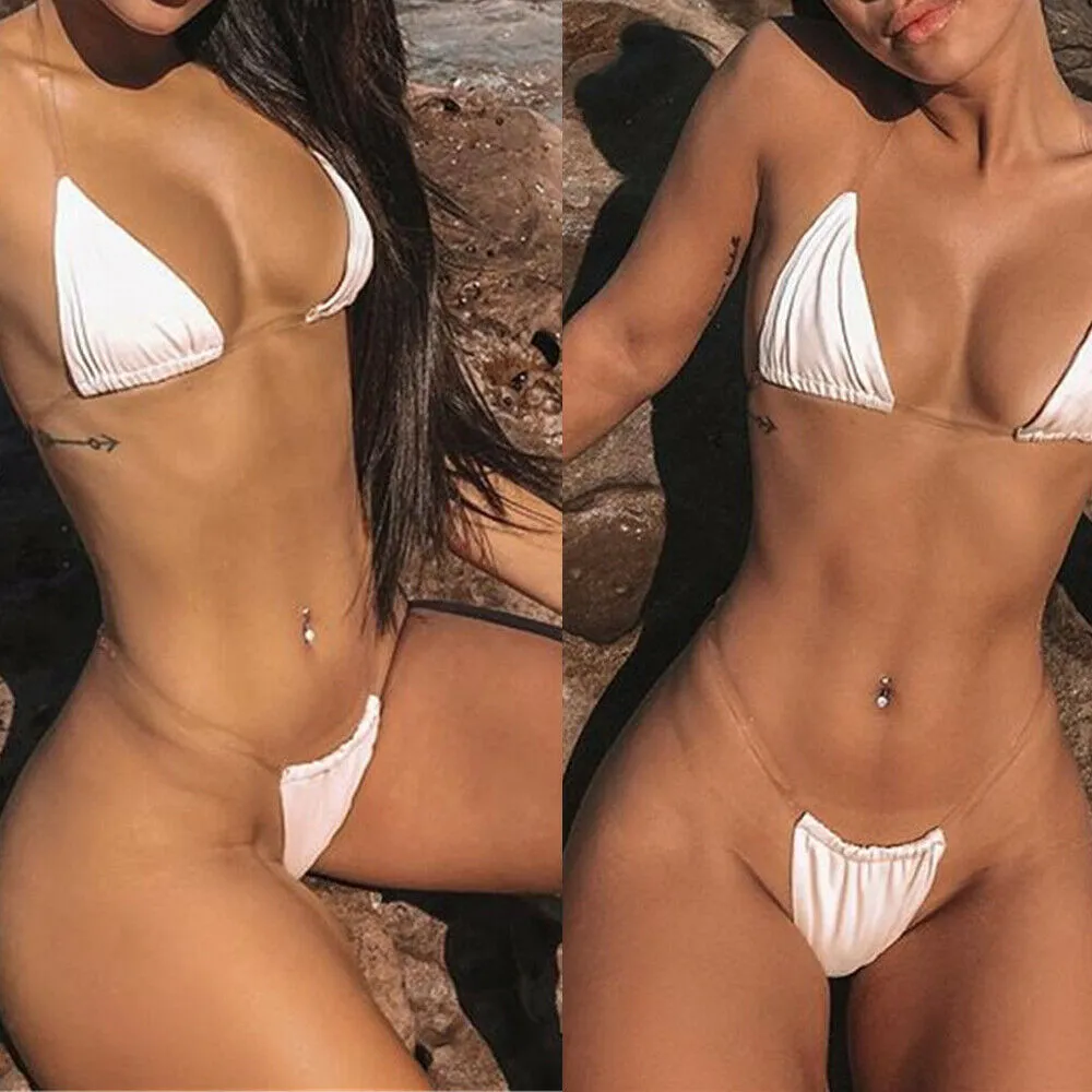 2019 Mulheres sexy Micro biquíni Transparente Strap Swimsuit Sling Bikini Swimwear Suit Swimming Bathing Bathing Beachwear