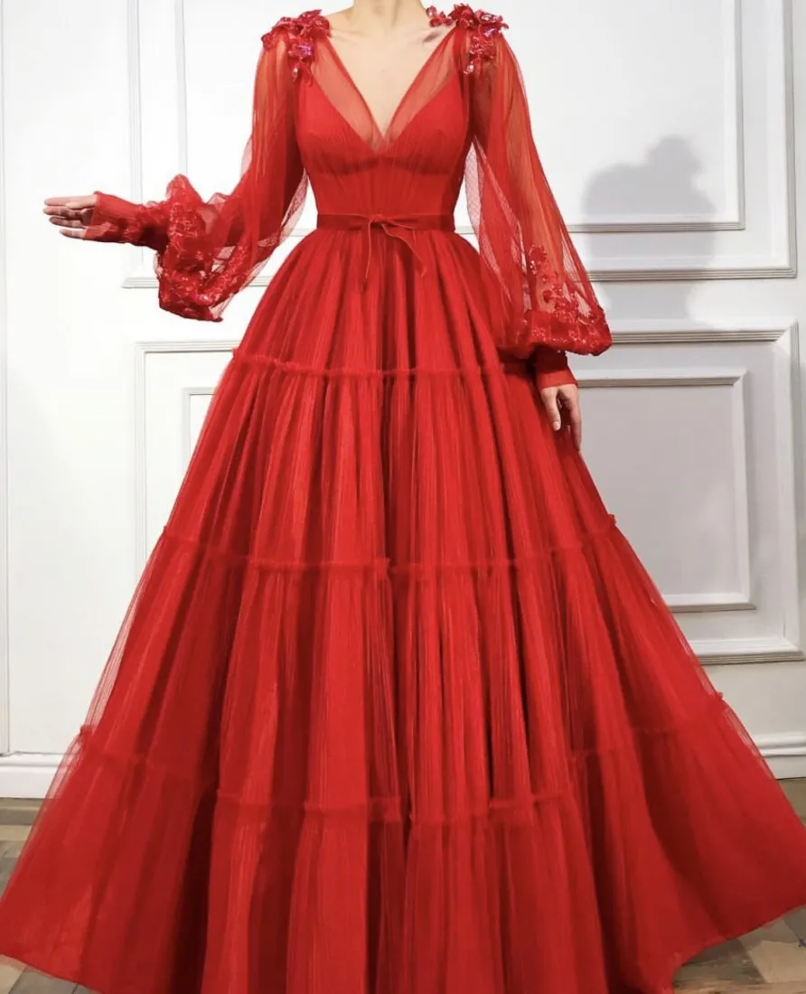 Czerwone turecki suknie wieczorowe 2019 A-Line długie rękawy V-Neck Tulle Islamski Dubaja Saudyjska Arabska Długa Wieczorowa Suknia Suknia