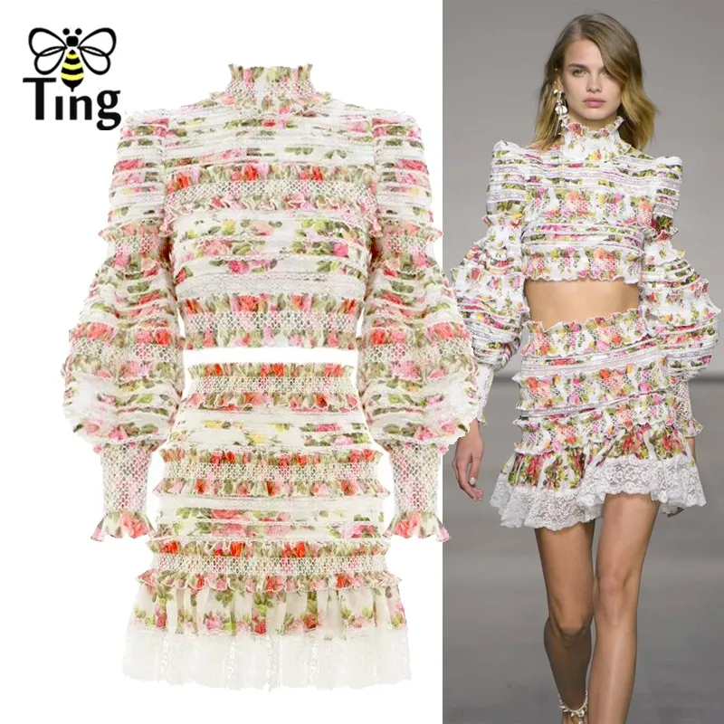 Tingfly Designer piste femmes deux pièces ensembles Floral froncé volants haut court dentelle Patchwork Mini jupe décontracté femmes ensembles Chic