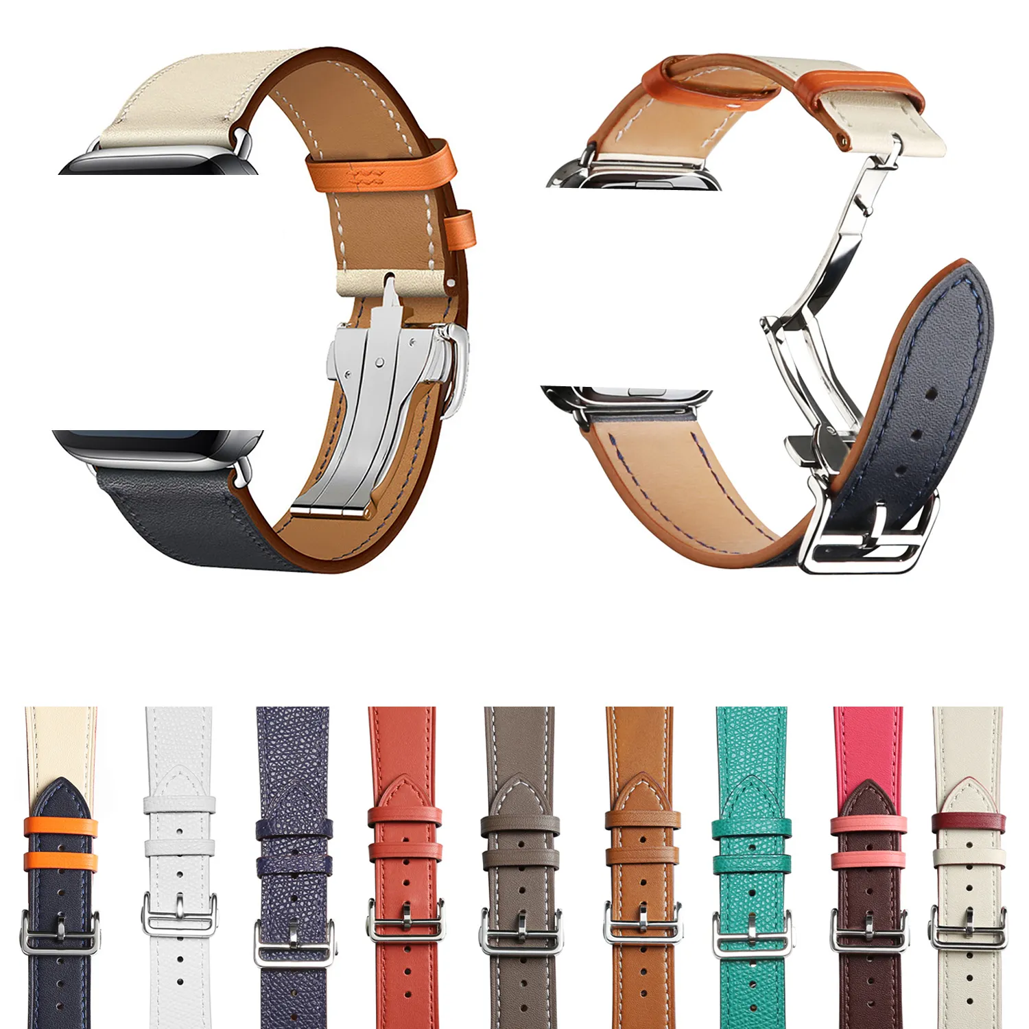 Smarta remmar Luxury Strap Watchband 38mm 40mm Folding Buckle Real Leather Band Smart Straps 42mm 44mm Watchband Armband Belt Q2O8