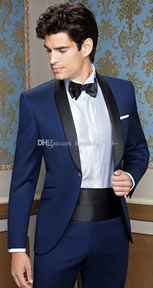 Smoking da sposo blu scuro con un bottone di alta qualità, scialle con risvolto, groomsmen, abiti da uomo, matrimonio/ballo di fine anno/cena blazer (giacca + pantaloni + cravatta) K371