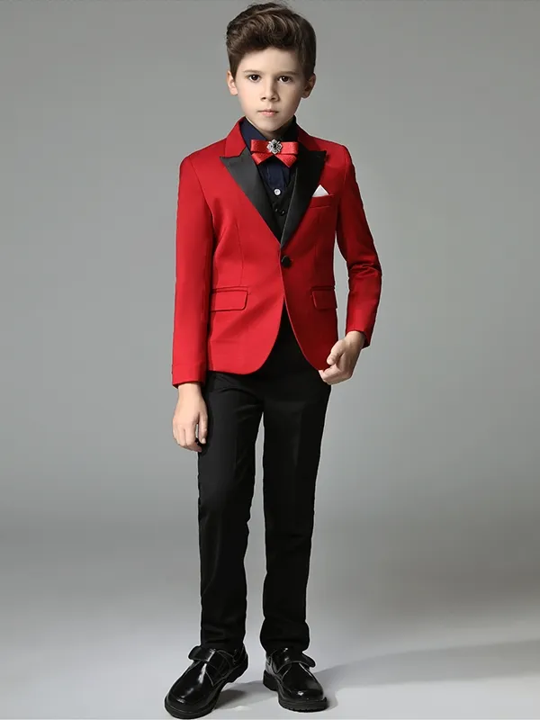 Boys Red Tuxedo 3 Piece Shawl Lapel Formal Suit for Wedding Party 2024