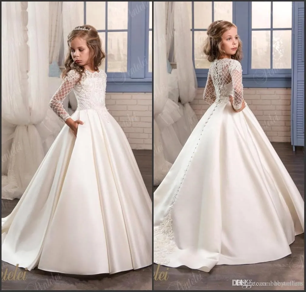 Nova princesa laço flor menina vestidos para casamentos sheer mangas compridas primeiro comunhão vestidos de festa de aniversário meninas vestido de pageant