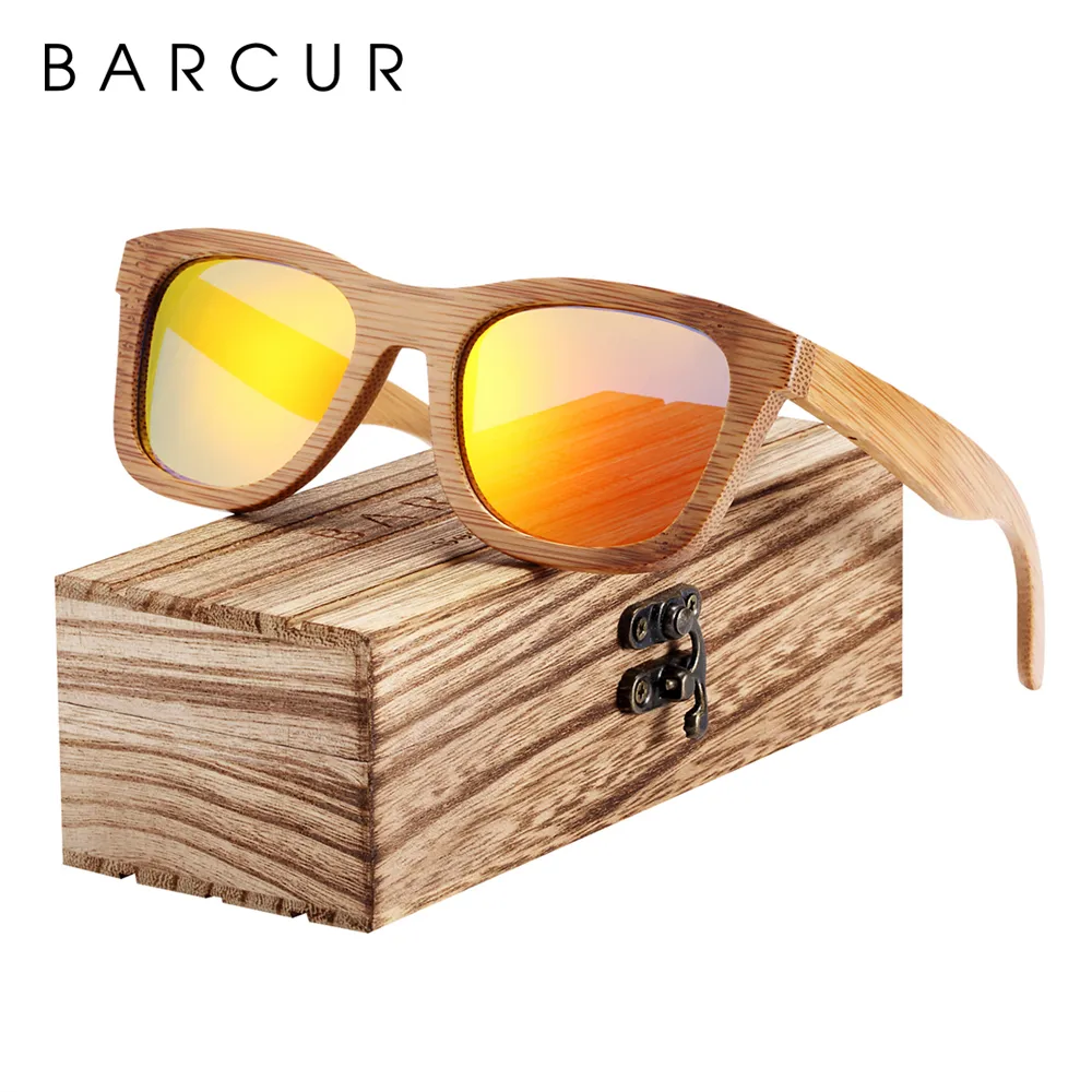 Barcur bamboe zonnebril mannen retro vintage hout zonnebril vrouwen gepolariseerde spiegel coating lenzen eyewear T200108