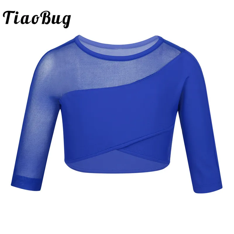 TiaObug Girls 3/4 Mangas Stretchy Respirável Bailado Assimétrico Ginástica Crop Tops Performance Sports Child Kids Dance Wear