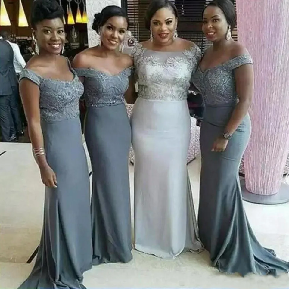 Cheap Off the Shoulder Grey Bridesmaid Dresses Plus Size African Sexy Maid Of Honor Gowns Formal Wedding Guest Dress Short Sleeves BD9027