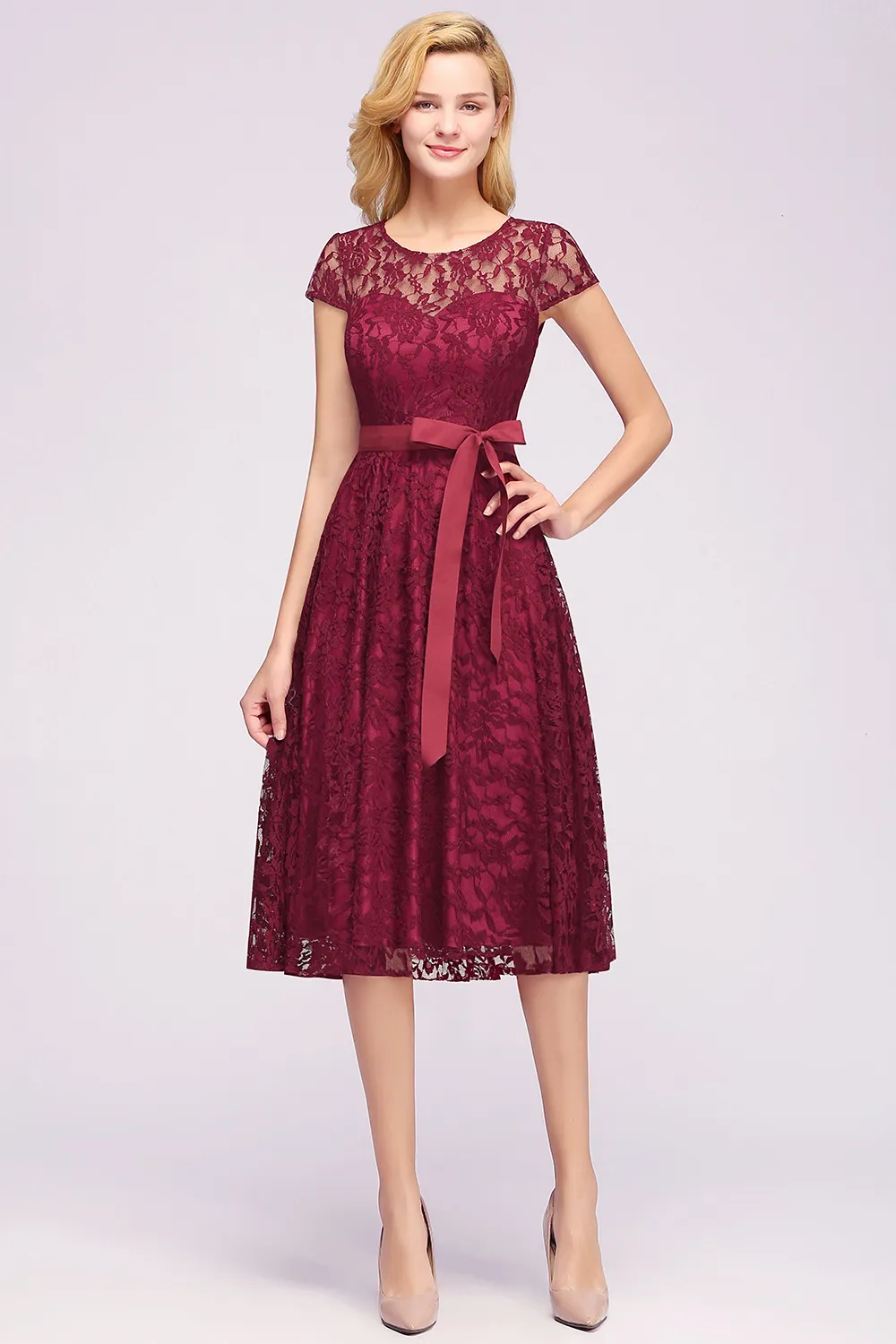 Burgundy Tea Length Lace Evening Prom Dresses Womens Cheap Short Cap Sleeves Scoop Neck Christmas Party Cocktail Dress with Sash CPS1152