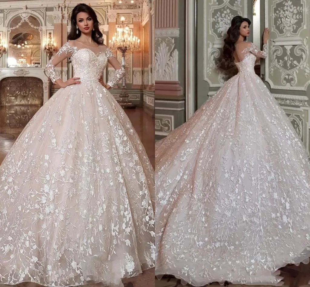 Dubai Arabic Princess Ball Gown Wedding Dresses 2020 Gorgeous Lace Long Sleeve Jewel Neck Bridal Gown Court Train Vestidos De Novia AL5327