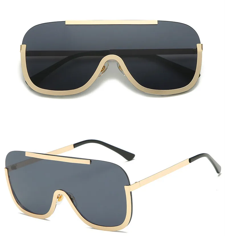 새로운 대형 방패 선글라스 큰 프레임 합금 원피스 섹시한 멋진 태양 안경 여성 골드 클리어 안경 그라데이션 음영 6 색 5 개