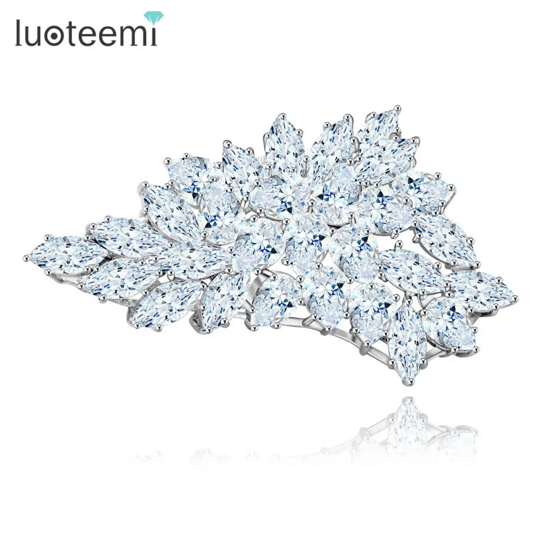 Fashion Jewelry Crystal Brooches White-Gold Color Clear CZ Stone Charm Big Brooches for Women Bridal Wedding Gifts New Arrival LUOTEEMI