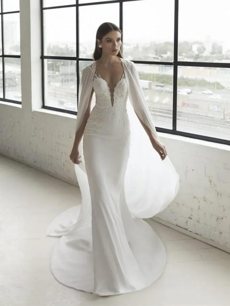 2020 moderne Applikationen Meerjungfrau Brautkleid mit Cape Chiffon Wrap glitzernde Spitze Trompete schicke Brautkleider Vestido de Noiva nach Maß