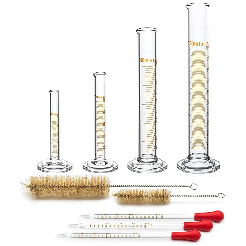 Laborbedarf PPYY 4 Messzylinder – 5 ml, 10 ml, 50 ml, 100 ml Premium-Glas. Enthält 2 Reinigungsbürsten + 3 x 1-ml-Pipetten