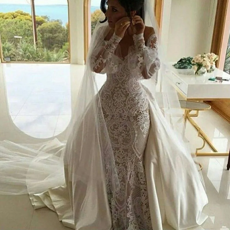 Robe de mariée sirène élégante avec train détachable satin col en V dentelle appliques manches longues robes de mariée robe de mariée pays pas cher plus