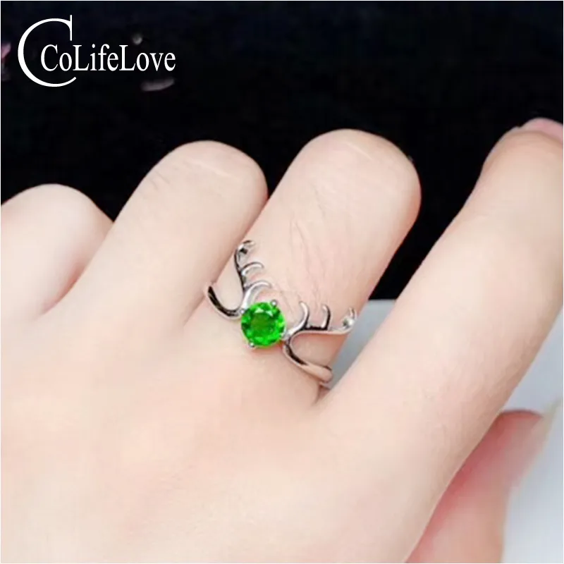 Bague tête de cerf en argent pour fille, 4mm, chrome naturel, diopside, bijoux en argent 925, pour fête