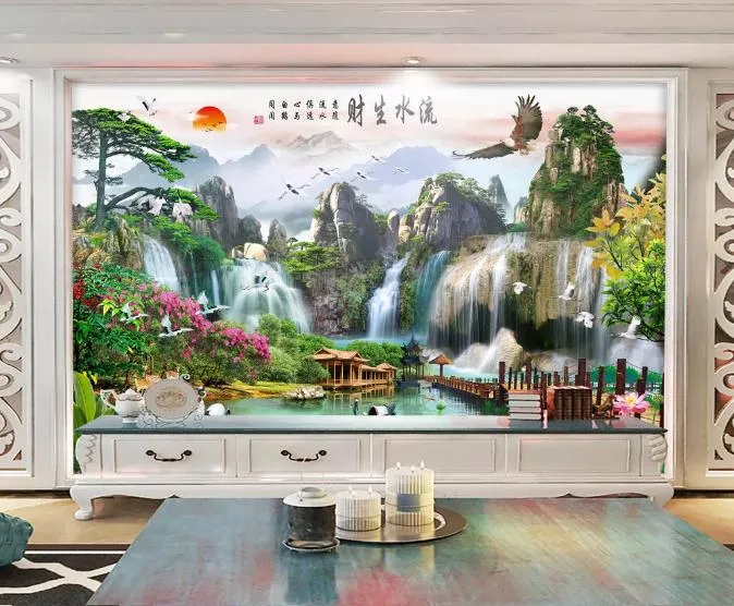 Aangepaste 3d muurschildering behang woonkamer slaapkamer sofa tv achtergrond behang waterval Eagle landschap schilderij foto waterdicht behang