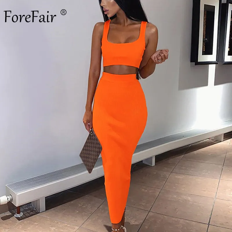 Forefair Two Piece Women Summer Set Neon Pink Green Orange Off Shoulder 2 PCS Party Club Ribbed Knitted Sexy Midi Dress MX200518