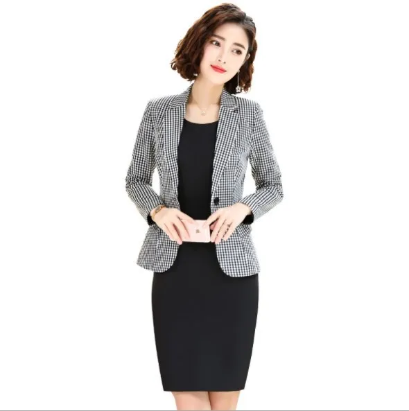 Kvinnors kostymer Blazers Kvinnor Elegant Plaid Klänning Vår Höst Kvinna Blazer + Klänning Två Pieces Ladies Office Wear Clothes Womens Jacket Suit