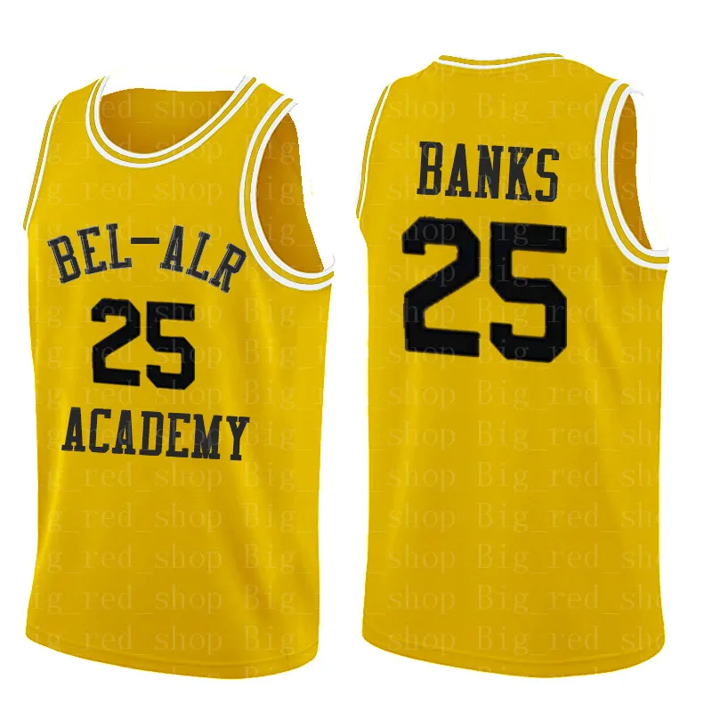 14 WILL SMITH BEL-AIR Academy-Trikot 25 CARLTON BANKS 100 % genähte Basketball-Trikots Gelb Hohe Qualität