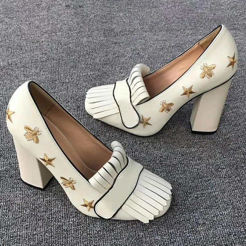 women high heels Top Marmont pumps Embroidered pumps Thick High heel shoes with charming Tassel black Girl Party shoes wedding size US4-11