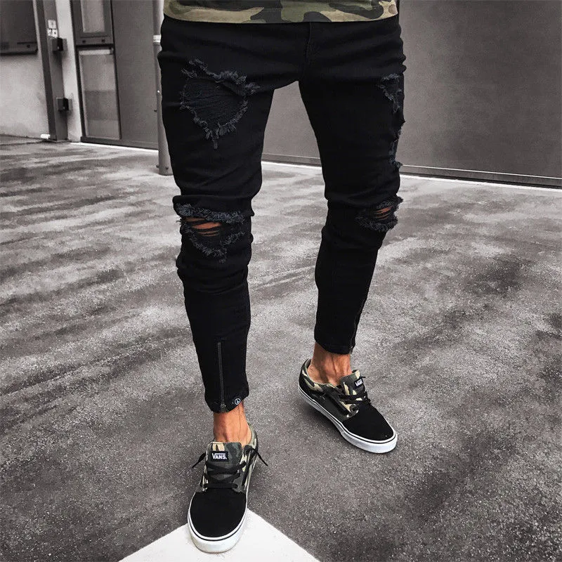 2019 Mens Cool Designer Brand Black Jeanny Skinny ممزق مدبّن سراويل قفزة قفزة ضئيلة مع ثقوب للرجال