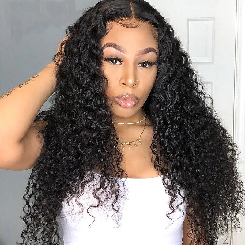 Perruque Lace Frontal Wig bouclée brésilienne indienne Remy, cheveux 100% naturels, sans colle, couleur naturelle, 10-20 pouces, pour femmes