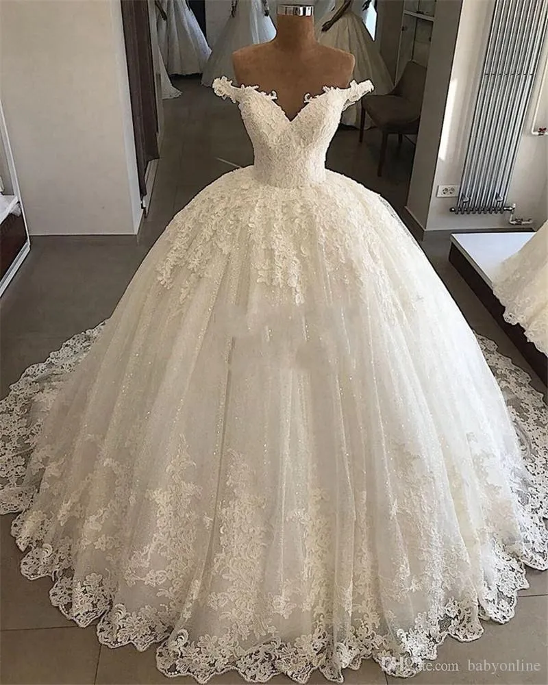 2019 Eleganckie Suknie Ślubne Suknie Ślubne Off Ramię Koronki Aplikacja Ruched Robe De Mariee Plus Size Suknie Ślubne Suknie Ślubne Vestido Novia