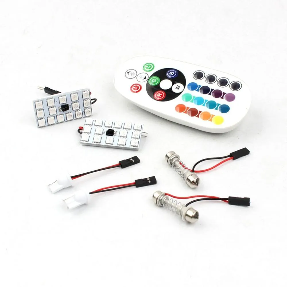 자동차 12V T10 5050 15SMD 자동차 원격 제어 LED 램프 자동차 RGB LED 인테리어 돔 웨지 독서 다채로운 조명 램프 전구