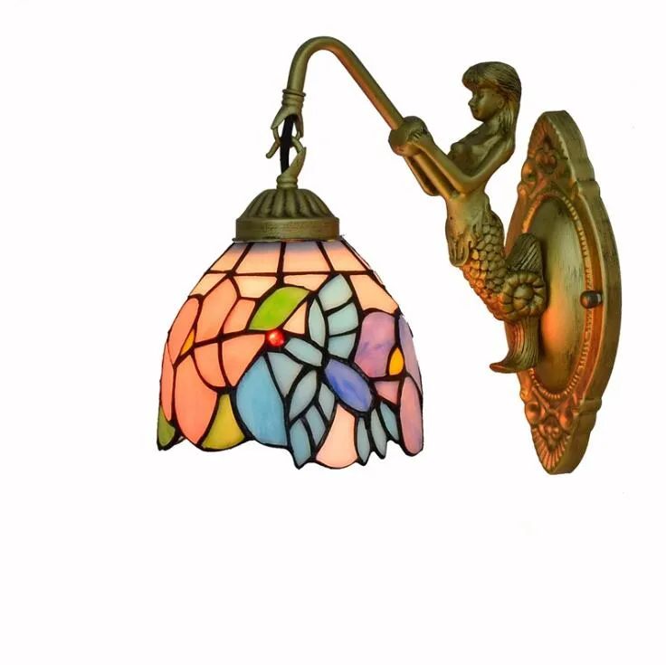 Lampada da parete retrò Tiffany Lampade da parete in vetro colorato vintage Fiori e farfalle Soggiorno Sala da pranzo Camera da letto Corridoio Balcon luminoso