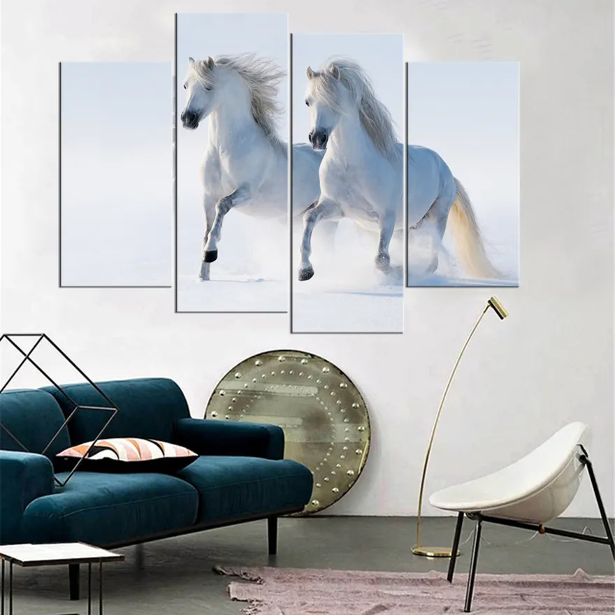 Two white horses in the snow Frameless Paintings 4pcs No Frame Printd on Canvas Arts Modern Home HD Print