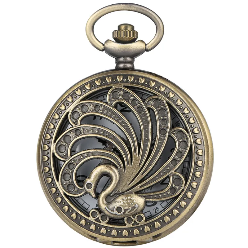 ブロンズヴィンテージホローピーコックデザイン懐中な箱の懐かしい動物Quratz With Necklace Chain for Women Men Kids Orologio Da Tasca249r