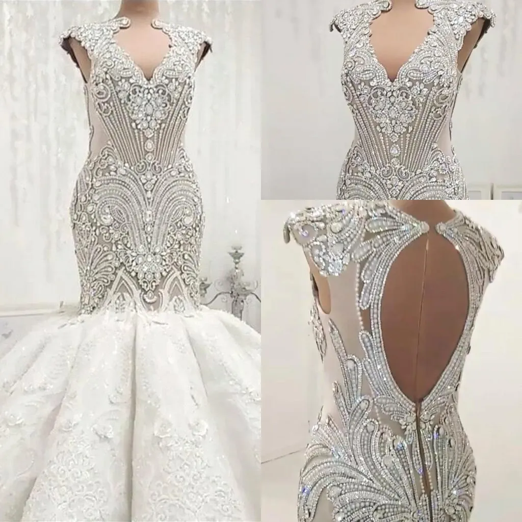 Luxury Arabic Dubai Beading Crystals Mermaid Wedding Dresses Hollow Out Backless Sleeveless Applique Ruched Long Bridal Wedding Gowns BC0502