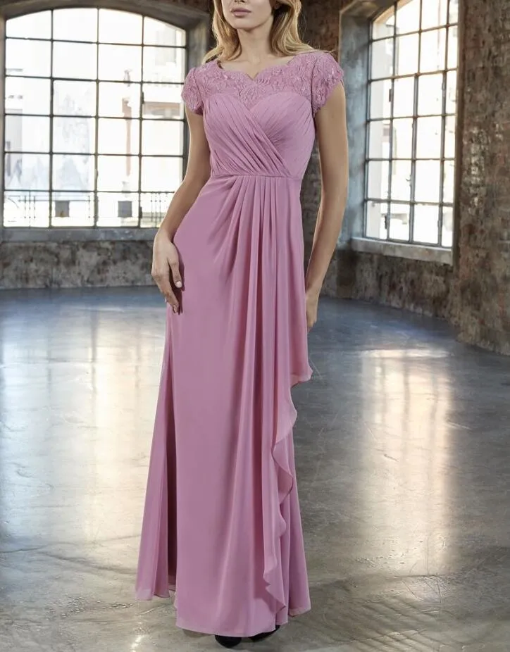 2019 Ny Dusty Rosa Lace Chiffon A-Line Long Modest Bridesmaid Klänningar med Cap Sleeves Sweetheart Ruched Formell Bridesmaid Crow