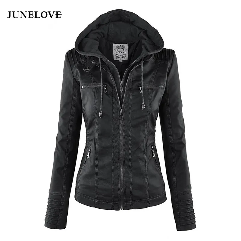Junelove Women Hoodies Winter Moto Jacket Het Slå ner Collor Damer Ytterkläder Faux Leather Pu Female Jacket Coat