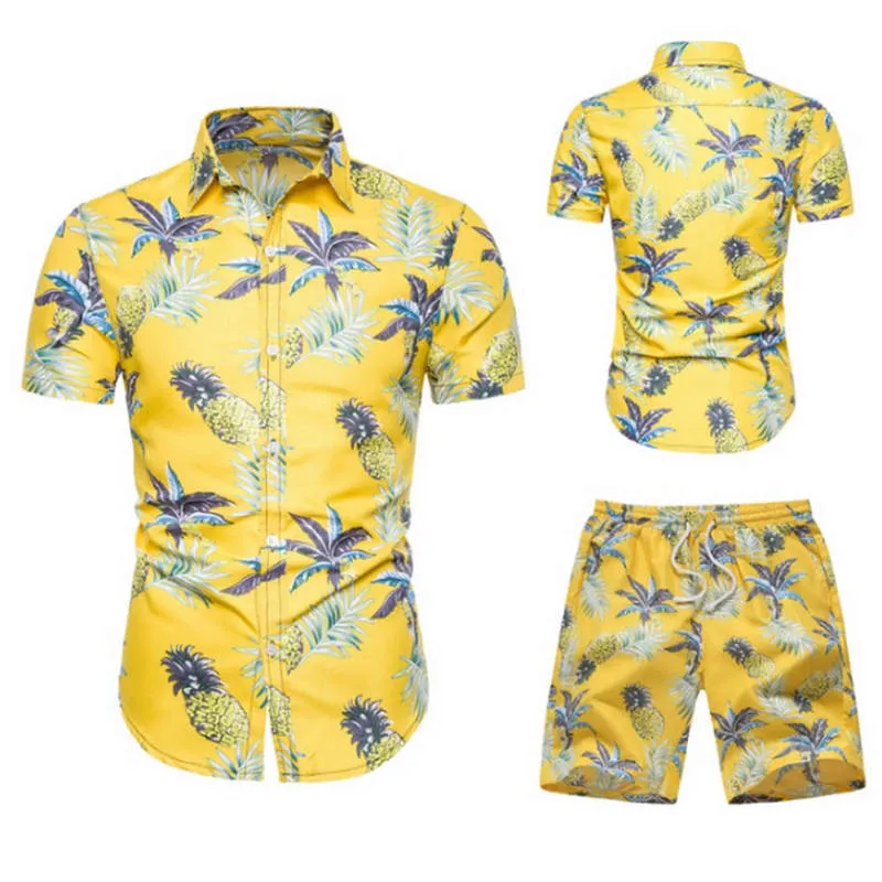 2019 여름 패션 꽃 프린트 셔츠 남성 + 팬티 세트 남성 짧은 소매 셔츠 캐주얼 남성 의류 운동복 플러스 크기 CX200609을 설정합니다