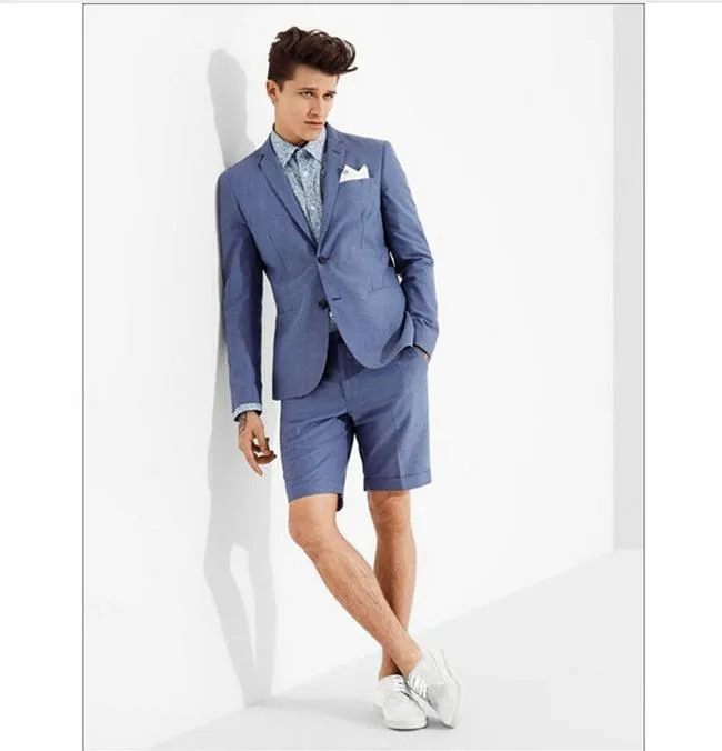 Blauw casual mannen pak met korte broek slim fit 2 stuk jas + broek + das nieuwste bruiloft jas smokingo aangepaste heren pakken terno