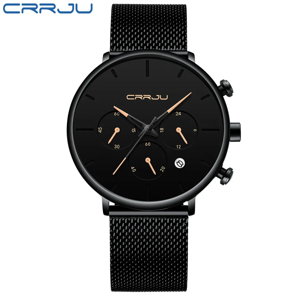 Rerkek Kol Saati CRRJU Hommes Simple Montres Top Marque De Luxe Casual Sport Montre Hommes Noir Cadran Quartz Ceinture En Acier Montres 210517