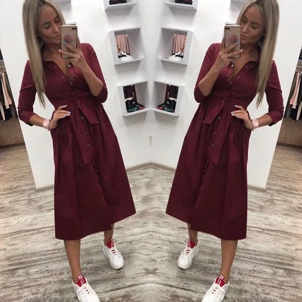 Femmes Casual Ceintures Bouton Robe A-ligne Col Montant Sept Manches Fête Bureau Dame Longueur Au Genou Élégant Soirée Robes Formelles 2021 Golf moulante bandage club Mousseline de soie