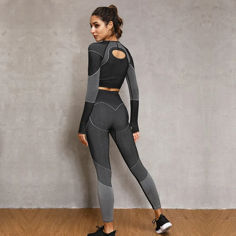 2 peças sem costura yoga set mulheres treino roupas sportswear manga longa fitness cortes de ginástica leggings calças justas esportivas