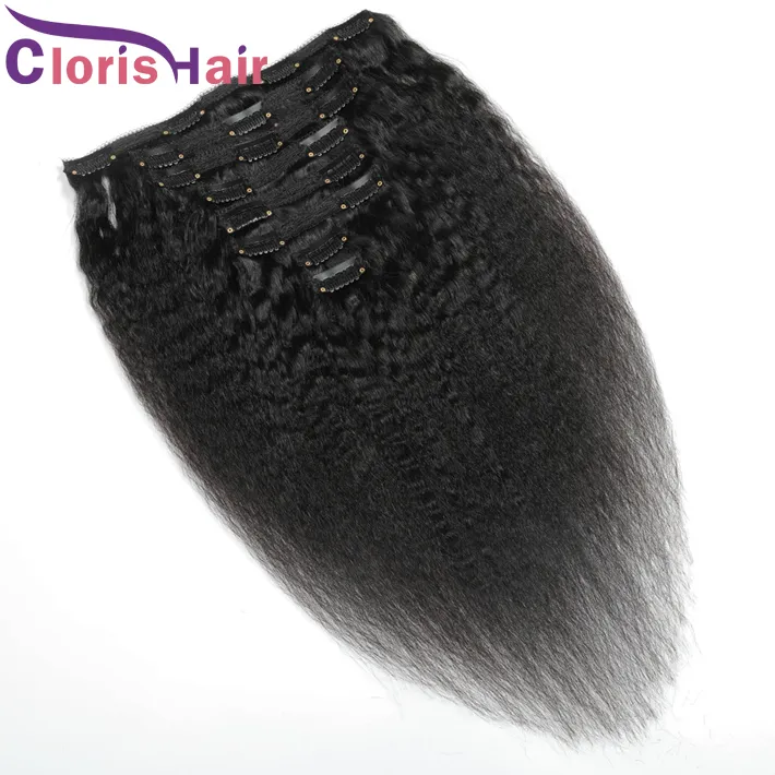 Coarse Yaki Clip In Human Hair Extensions 120g 8pcs/set Peruian Virgin Natural Weave Clips On #1B Full Head Kinky Straight Clip Ins