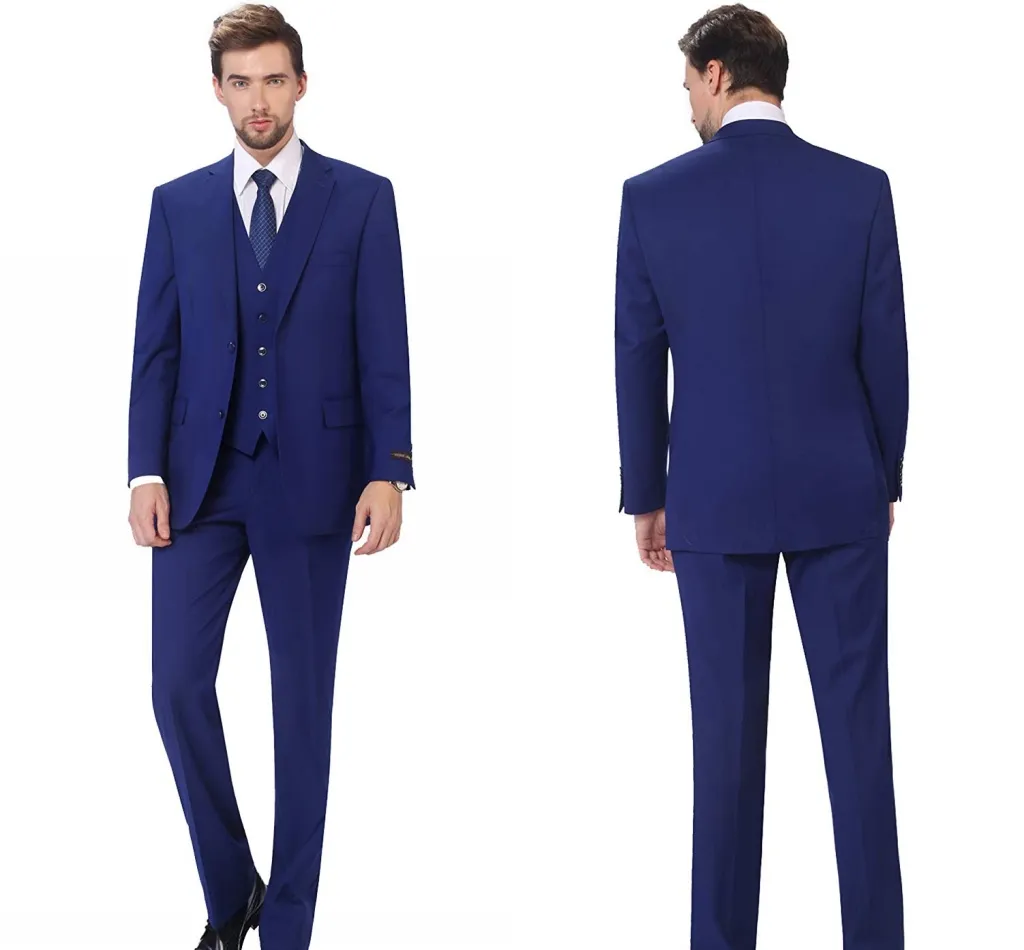 Yeni Gelenler İki Düğmeler Kraliyet Mavi Damat smokin Tepe Yaka Groomsmen Sağdıç Suits Mens Düğün Suit (Ceket + Pantolon + Vest + Papyon)