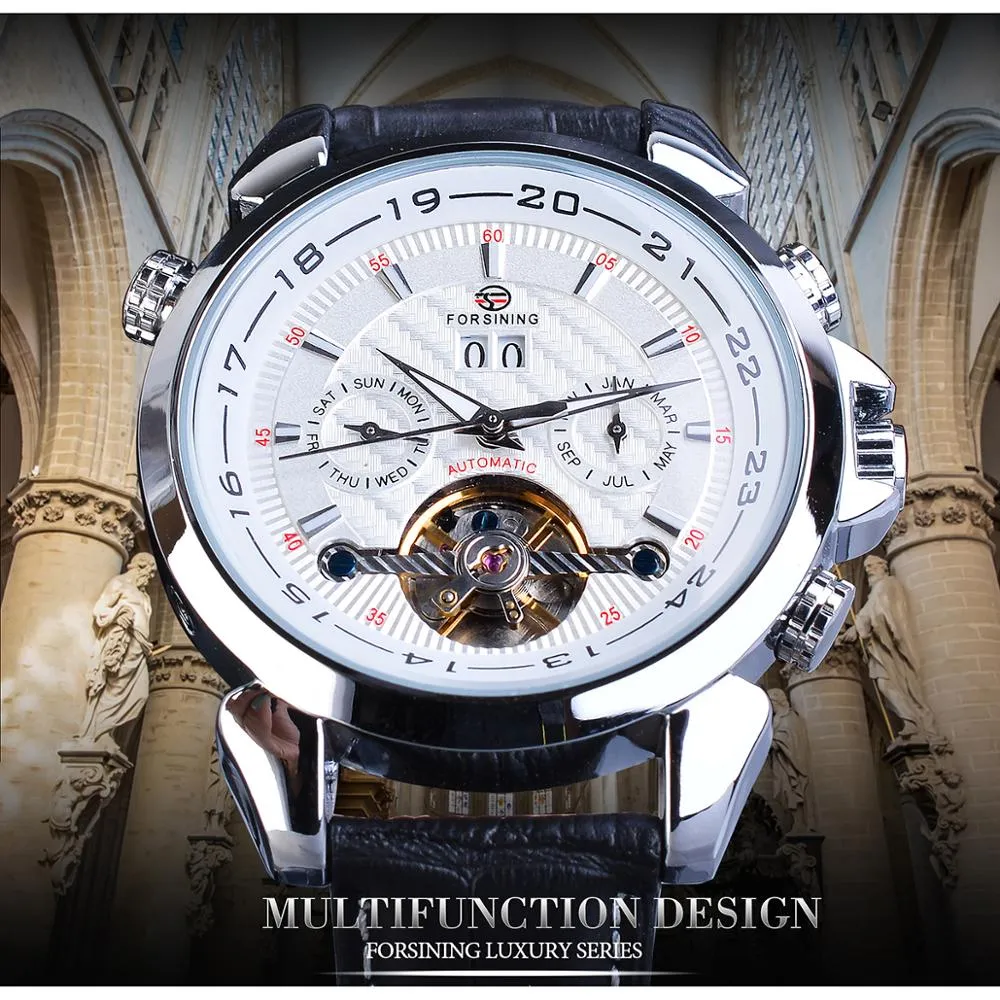Forsining White Tourbillon Mechanical Men Watches Automatic Calendar Skeleton Genuine Leather Belts Wristwatch Relogio Masculino183n