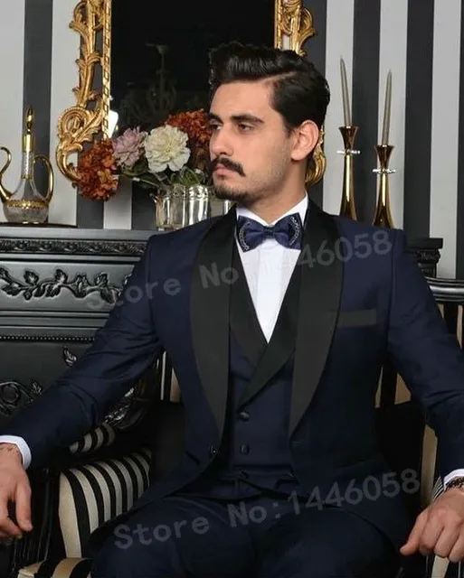 Yüksek Kalite Bir Düğme Donanma Mavi Düğün Damat Smokin Şal Yaka Groomsmen Erkekler Suits Balo Blazer (Ceket + Pantolon + Yelek + Kravat) W79