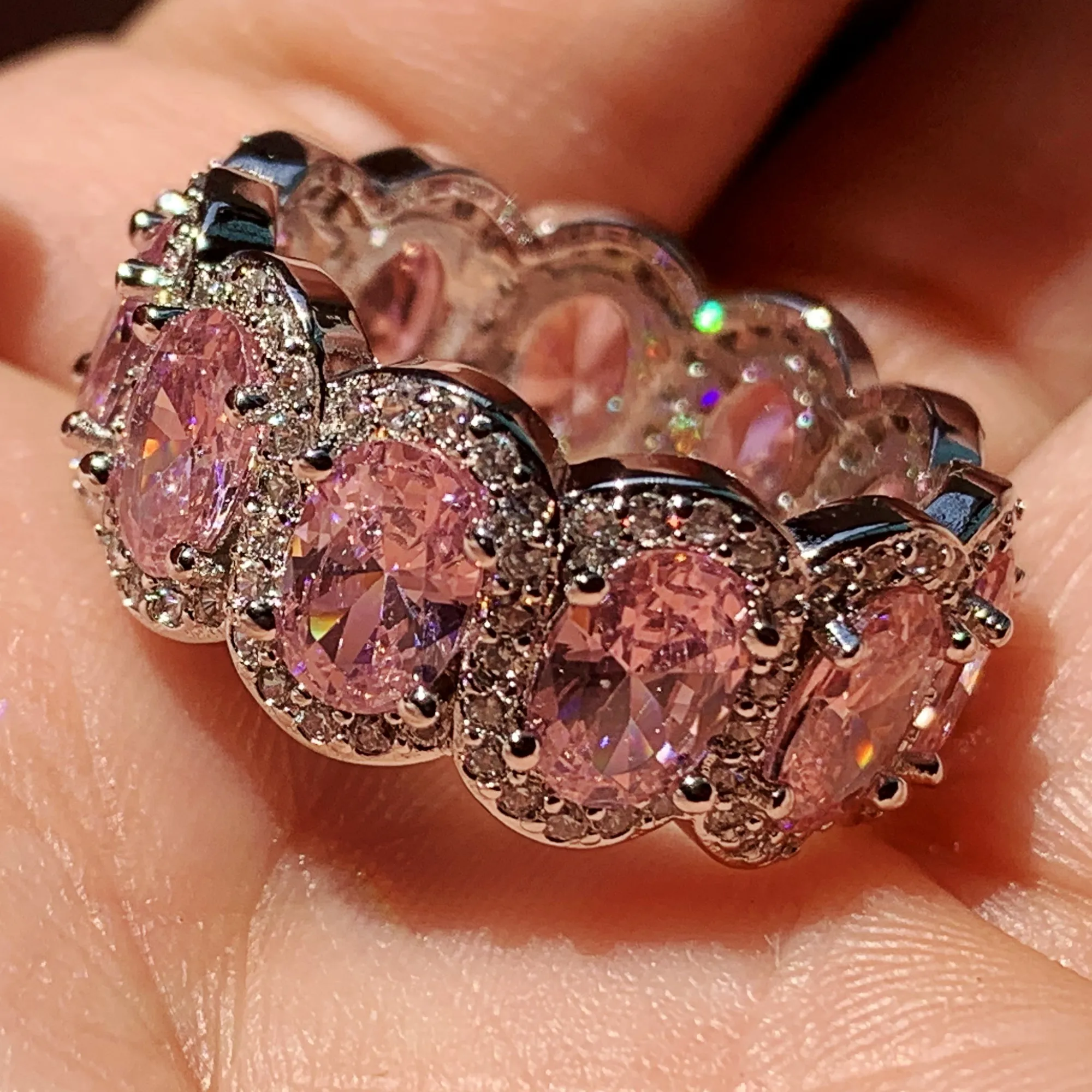 10k White Gold Pink Topaz Trillion Cut Channel Set Ring 2.3
