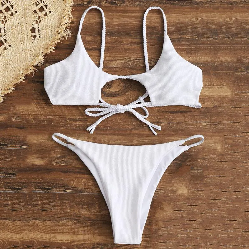 Bikinis Set ZAFUL Bikini Braided Ribbed Cutout Spaghetti Straps