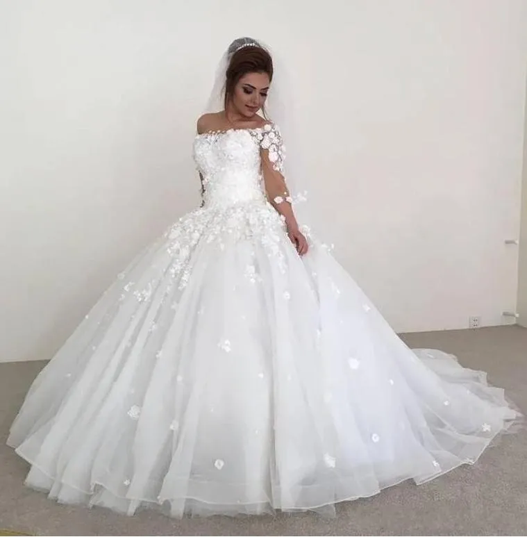 Arab 3d Flower Boat Neck Floral Ball Gown 3/4 Långärmad Bröllopsklänning Express Elegegat Tulle Bröllopsklänning Islamisk Brudklänning