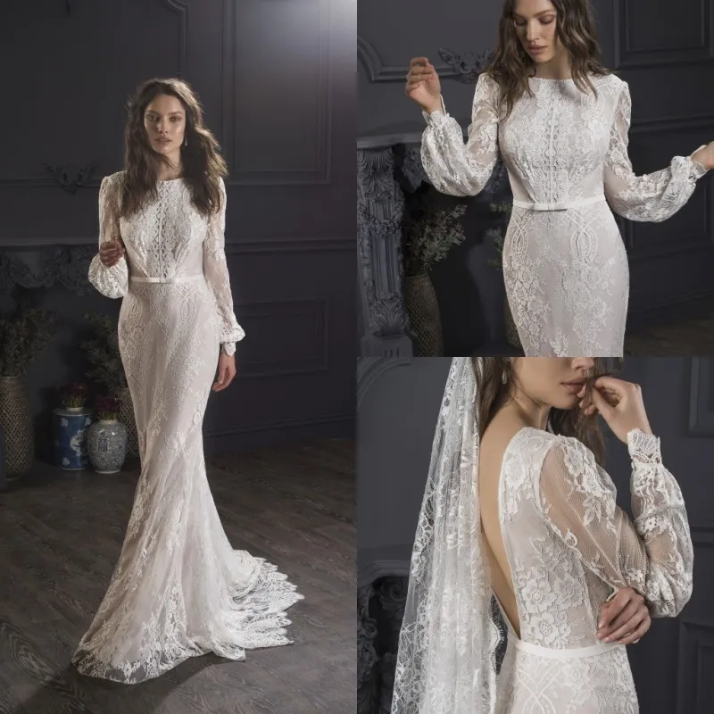 Lihi Hod Bohemian 2019 Sereia Vestidos de Noiva de Manga Longa Lace Backless Beach Vestidos Bridais Plus Size País Jardim Robe de Mariée